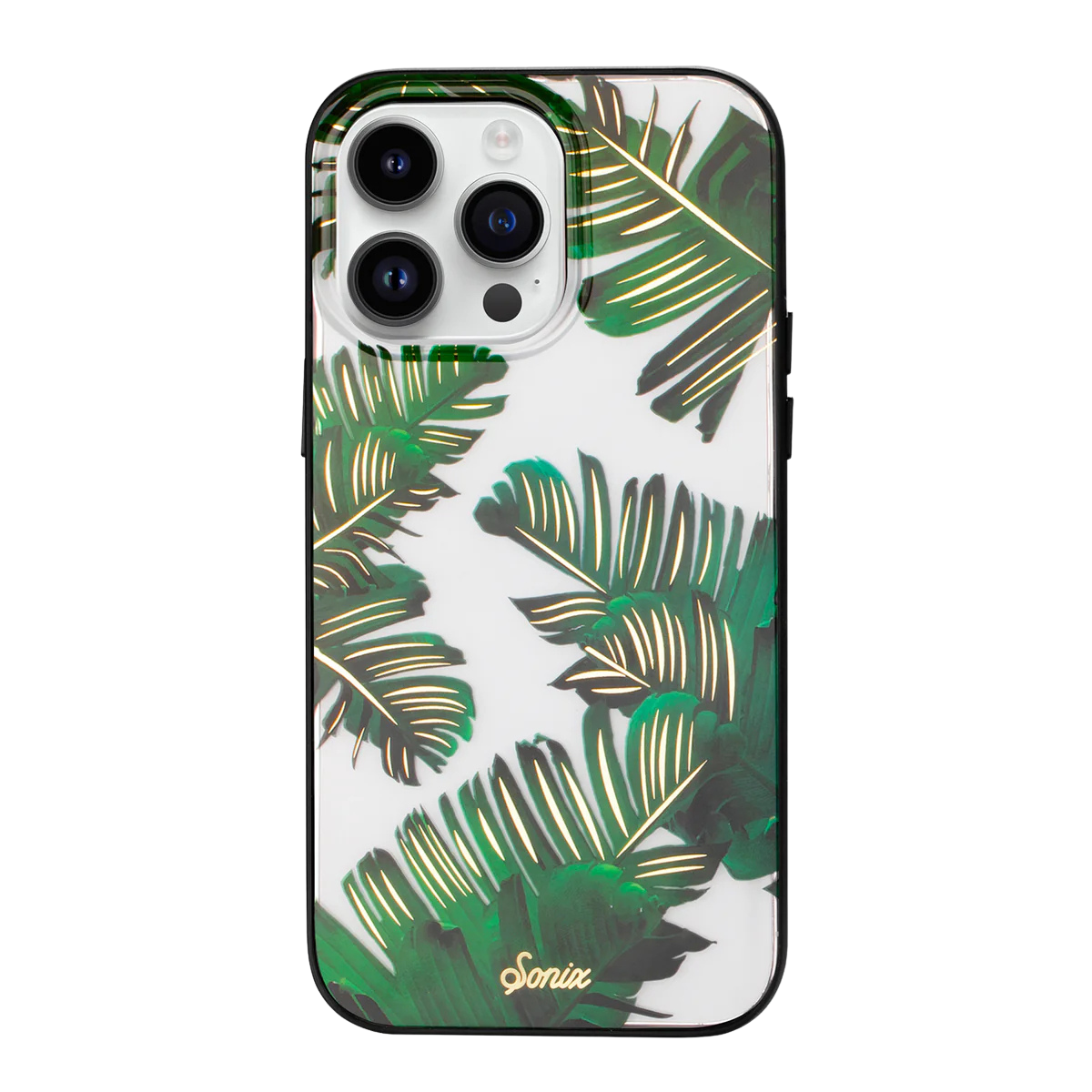 An iPhone 14 Pro Max: Sonix Case : Bahama with a tropical palm leaf pattern and gold foiling details.