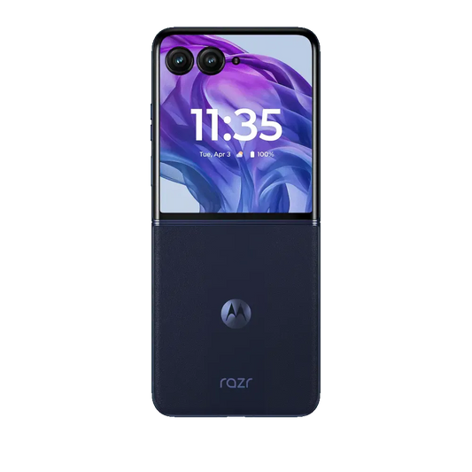 Motorola Razr+ flip phone in black color, showing the external display screen with time and icons, camera lenses visible on the top, and the Razr brand logo.