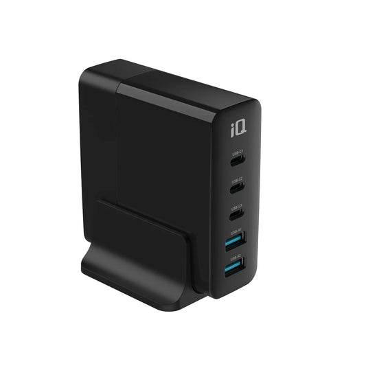 Side view of a black iQ 140W Desktop Charging Station on a white background