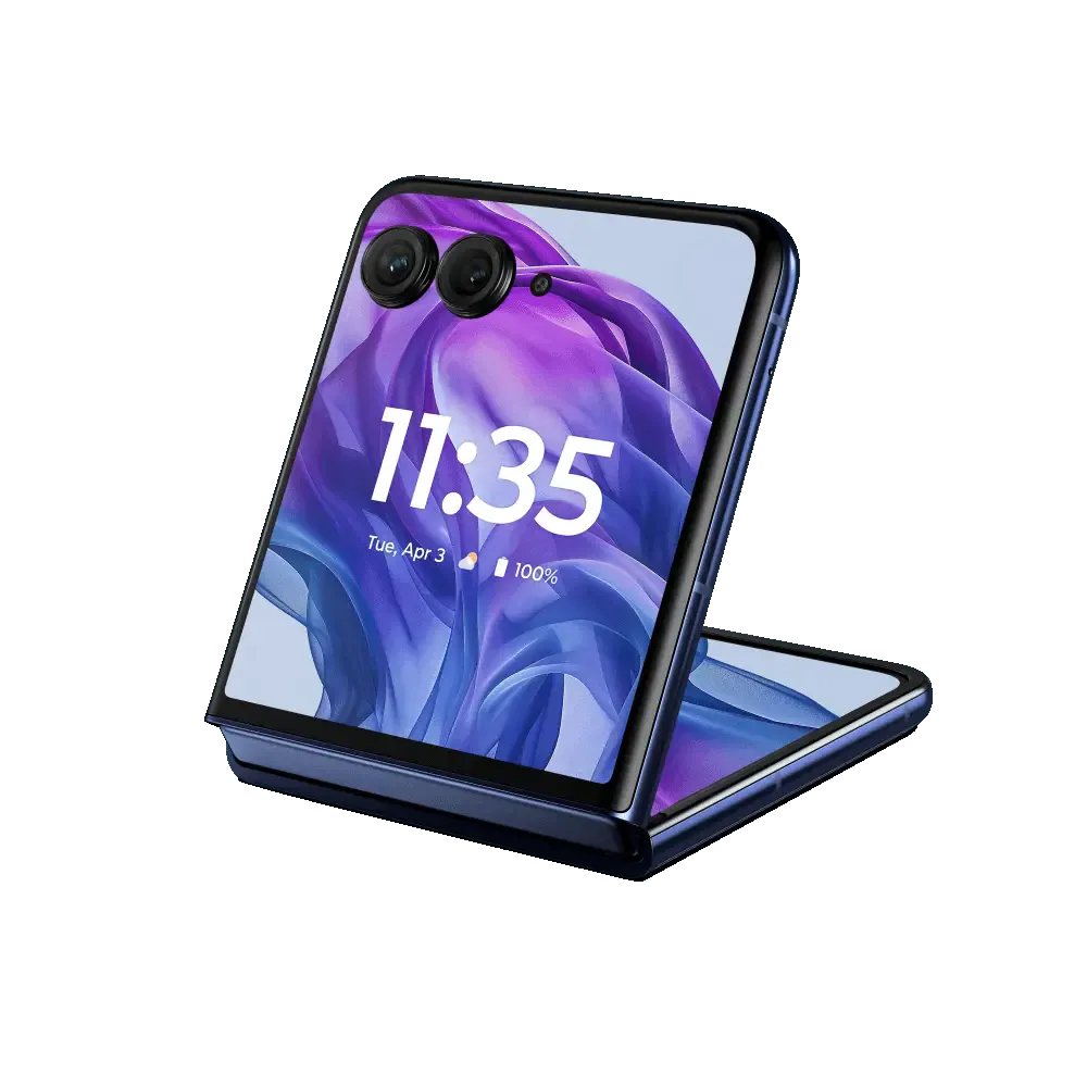 Motorola Razr+ folded in half, showing the back side display