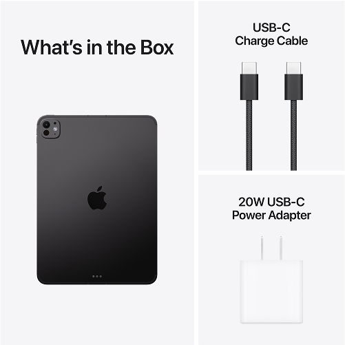 Black Apple iPad with USB-C charge cable and power adapter