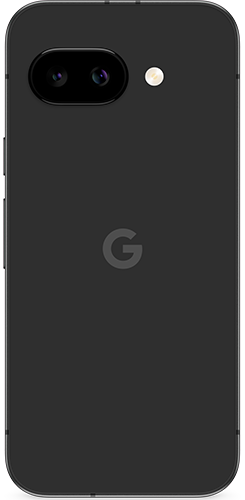 Back view of a black Google Pixel 9a smartphone with a dual-camera system and a Google logo