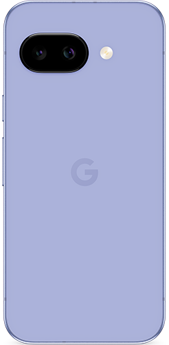 Back view of a blue Google Pixel 9a smartphone with a dual-camera system and a Google logo