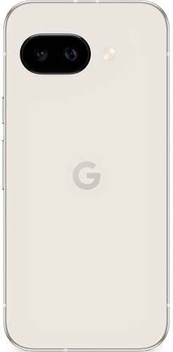 Back view of a white Google Pixel 9a smartphone with a dual-camera system and a Google logo