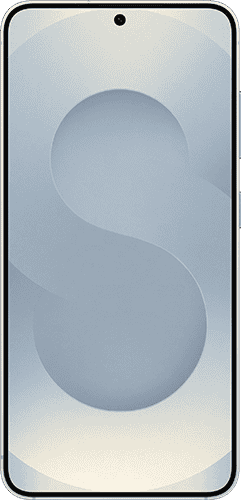 Silver Samsung S25, as seen from the front.