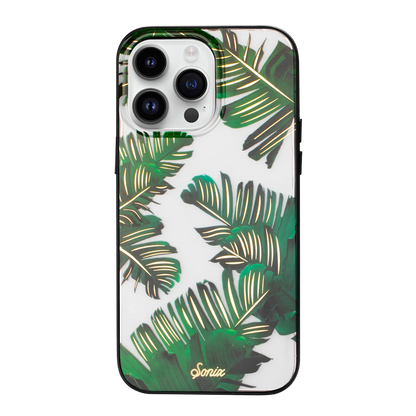An iPhone 14 Pro Max: Sonix Case : Bahama with a tropical palm leaf pattern and gold foiling details.