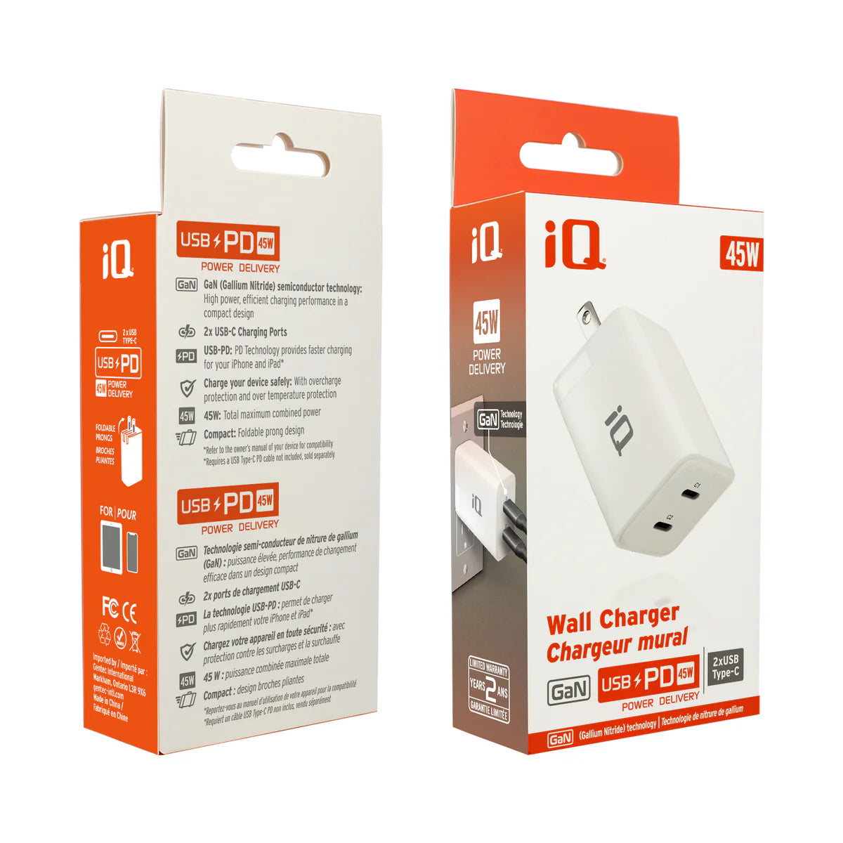 iQ USB PD 45W Wall Charger Dual Type C - White