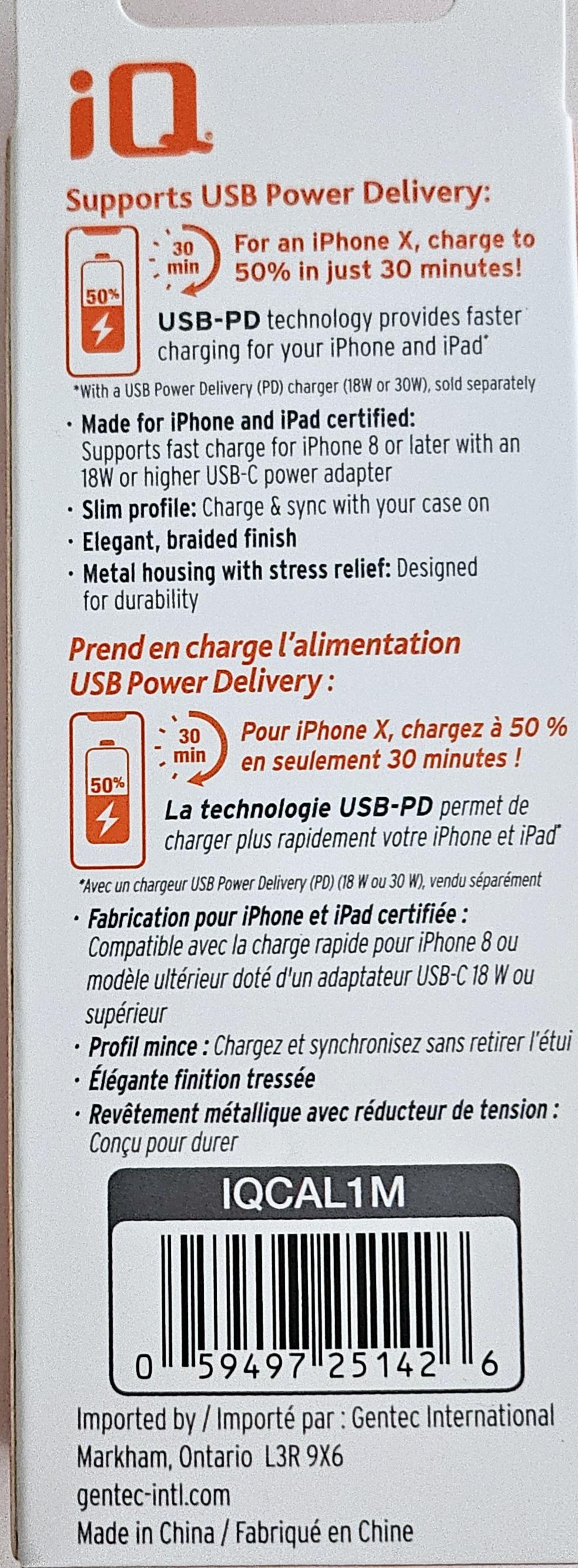 iQ USB Type-C to Lightning Braided Cable - 1.2 Meter