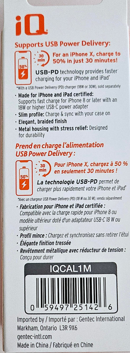 iQ USB Type-C to Lightning Braided Cable - 1.2 Meter