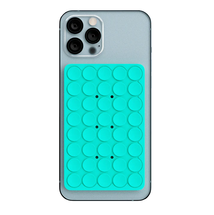 Aqua colored PhoneSquid Suction Cup Phone Mount on an Iphone