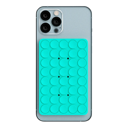 Aqua colored PhoneSquid Suction Cup Phone Mount on an Iphone