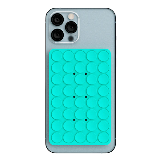 Aqua colored PhoneSquid Suction Cup Phone Mount on an Iphone