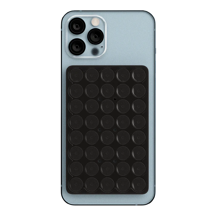 Black colored PhoneSquid Suction Cup Phone Mount on an iPhone