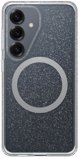 Phone case with speckled design and magnetic circle on a white background